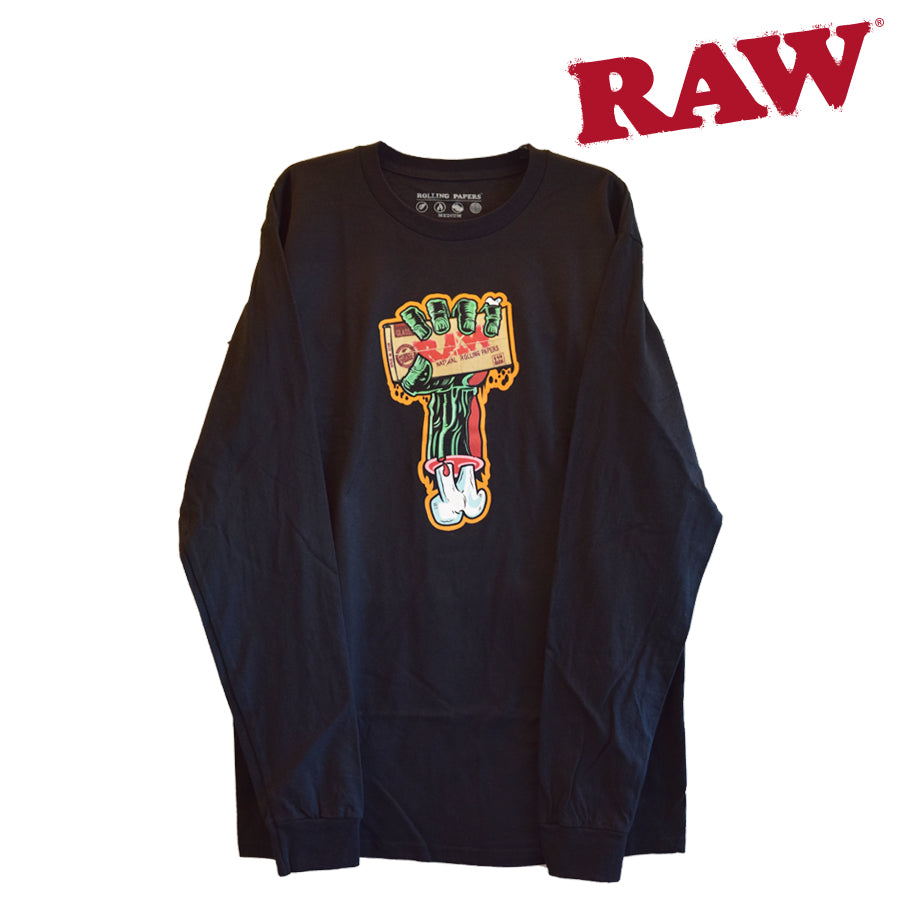 Black Long Sleeve Shirt With Zombie Hand and Raw Logo. Headshop Vancouver Canada.