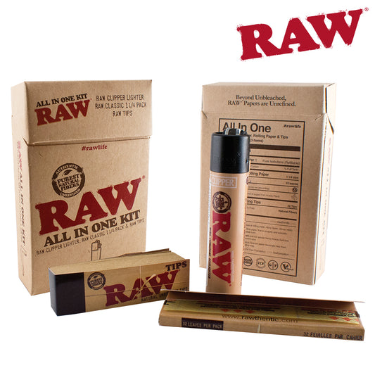 Raw All In One Kit: Raw Clipper Lighter, Raw Tips & 1 1/4 Pack Rolling Papers.