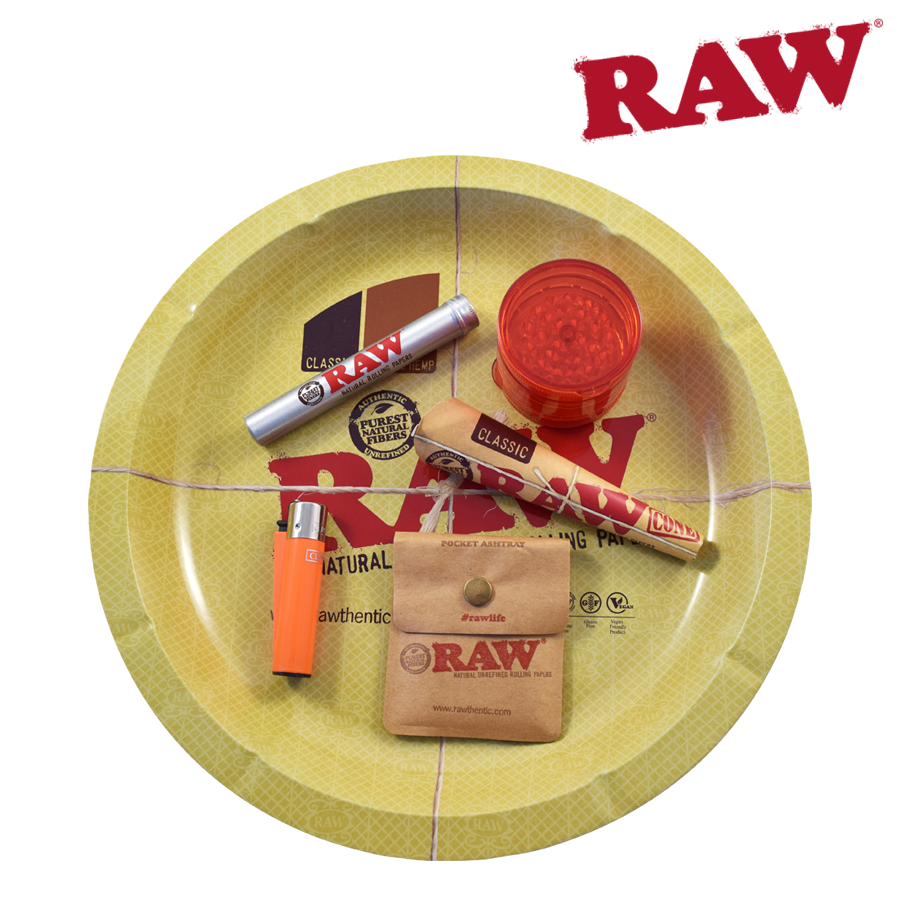 Raw Starter Kit 2 XL. Includes grinder, cones, pocket ashtray, clipper lighter, raw metal tub and large ashtray or rolling tray