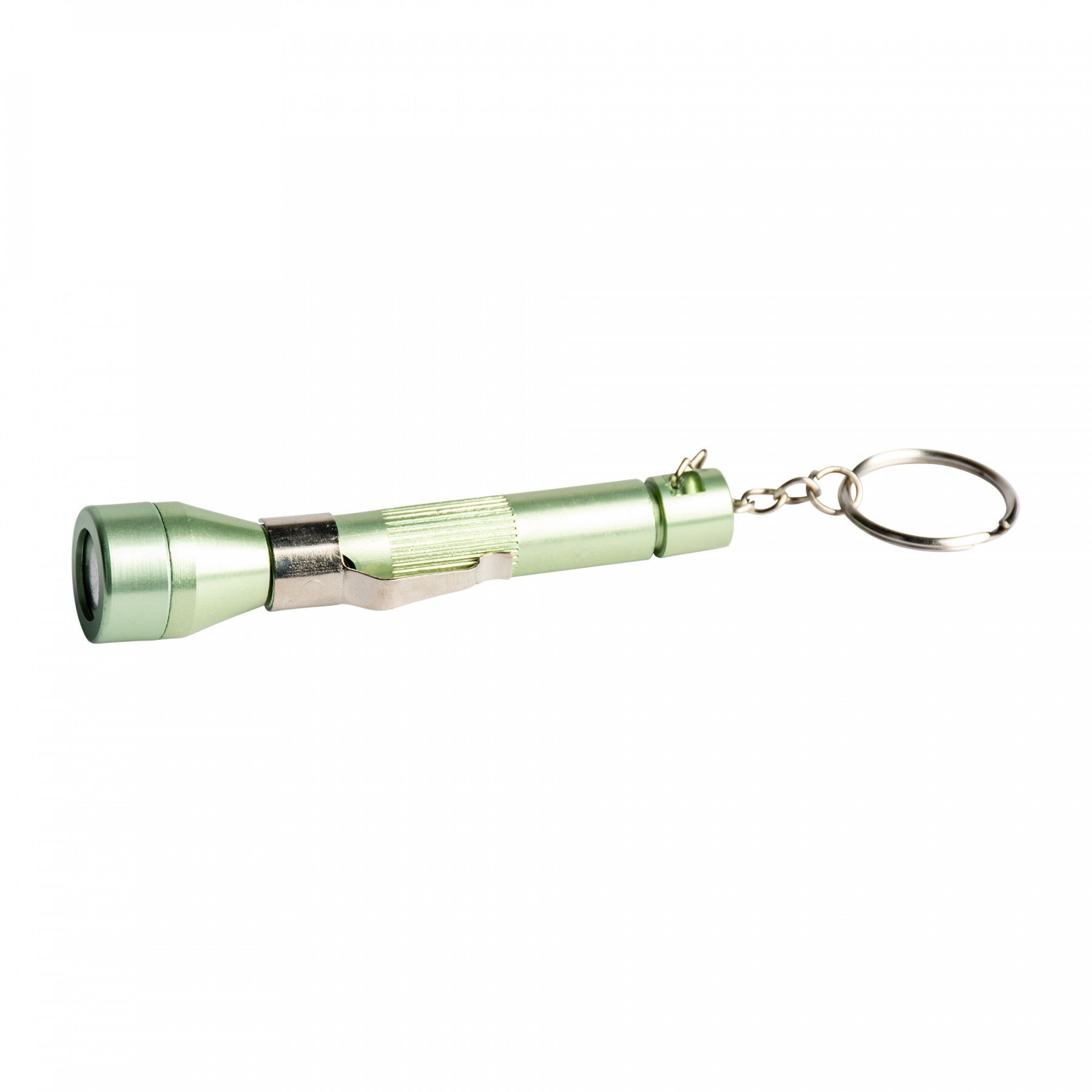A small flashlight on a keychain that is also a metal pipe