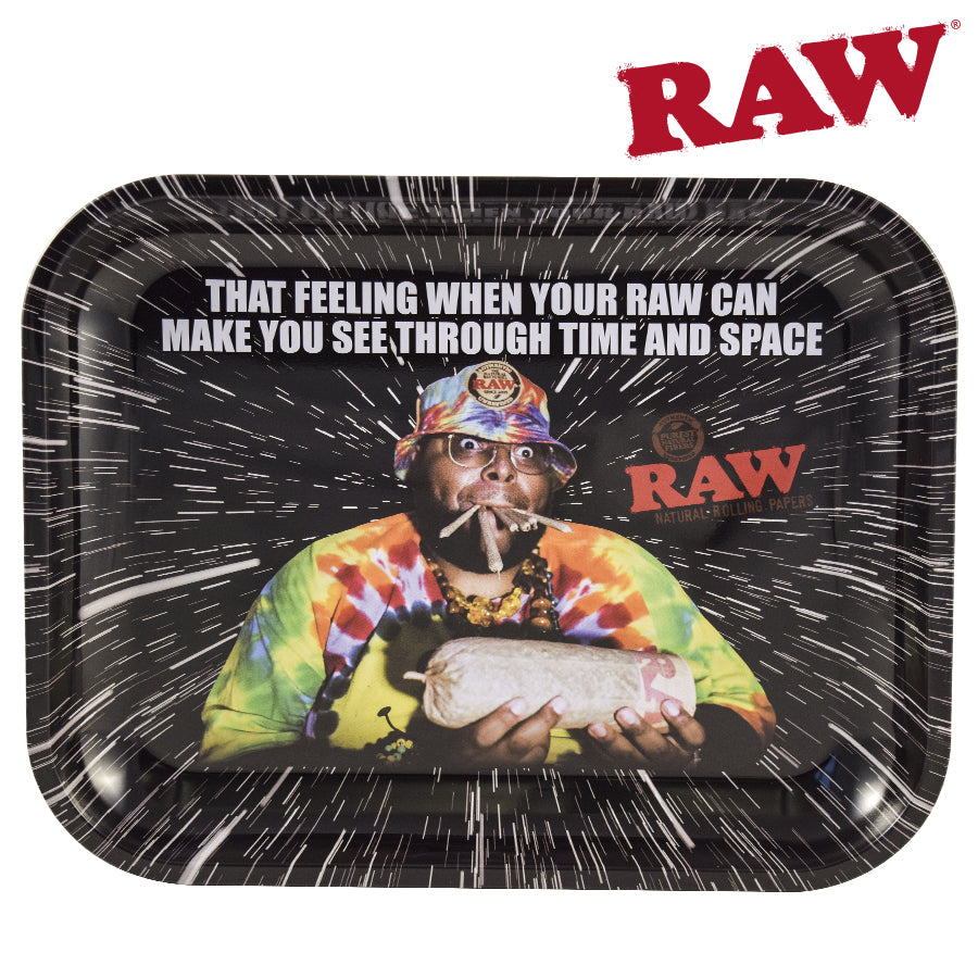 Black RAW Rolling Tray with man in tie dye shirt with giant joint in his hands